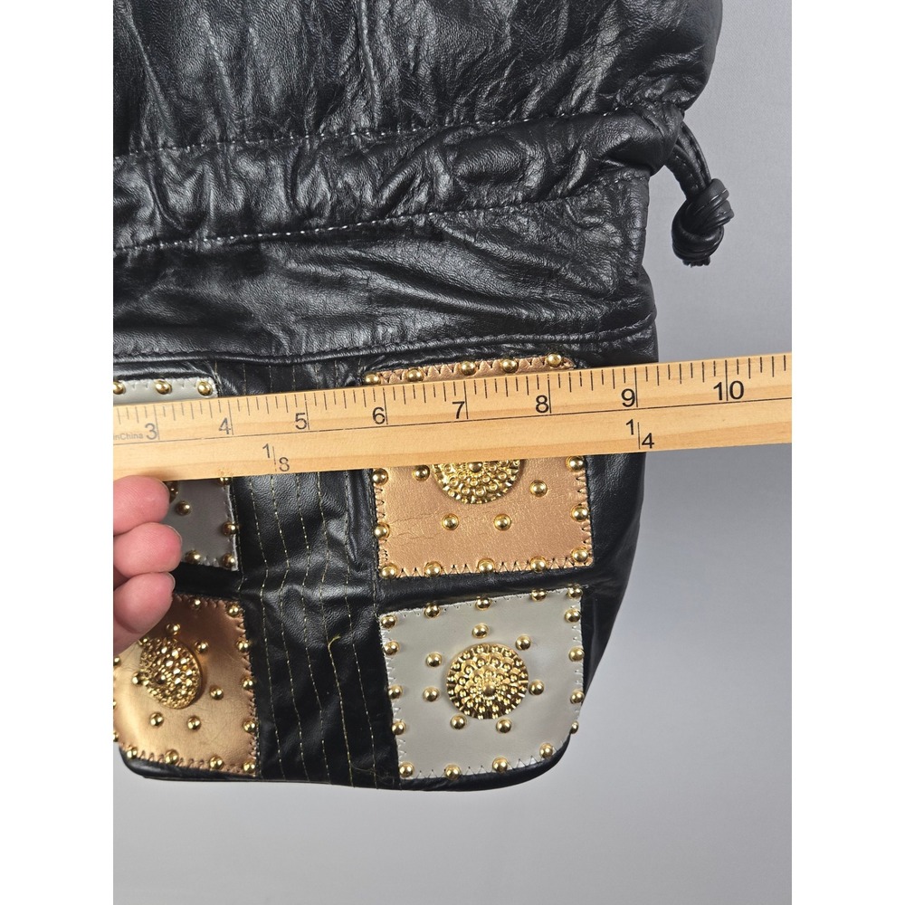 Vintage Black Leather Studded Medallion Bucket Bag Shoulder Purse Mixed Metal - Picture 8 of 9